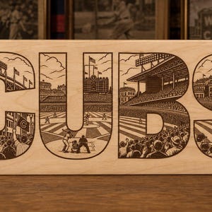 Puede incluir: Un letrero rectangular de madera clara con la palabra CUBS grabada con láser en letras grandes. Cada letra contiene una ilustración detallada y compleja de una escena de estadio de béisbol con jugadores, espectadores y vistas del campo.