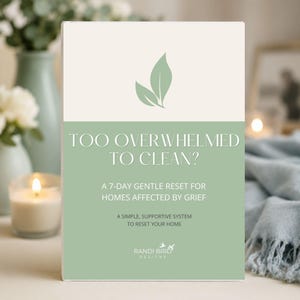 May include: A book cover with a sage green and cream color scheme. The text reads "TOO OVERWHELMED TO CLEAN?" and "A 7-DAY GENTLE RESET FOR HOMES AFFECTED BY GRIEF." A simple leaf design is at the top. The author's name is at the bottom.