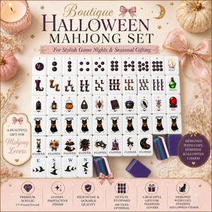 May include: A white mahjong set featuring Halloween-themed illustrations on each tile, including black cats, pumpkins, cauldrons, and witch hats. The set includes 152 standard tiles with glossy finishes and colorful graphics, presented with text labels.
