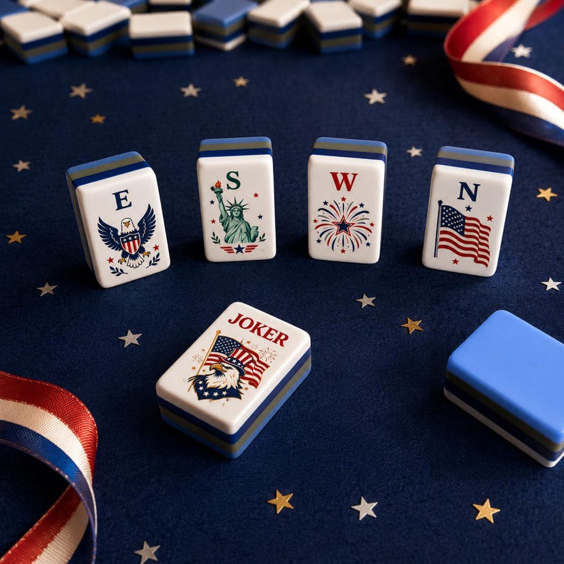 Puede incluir: Un conjunto de fichas blancas y azules con dise&ntilde;os patri&oacute;ticos, incluyendo un &aacute;guila, la Estatua de la Libertad, fuegos artificiales y la bandera estadounidense. Una ficha dice "JOKER". Las fichas est&aacute;n sobre una superficie azul oscuro con confeti en forma de estrella y cinta tricolor.