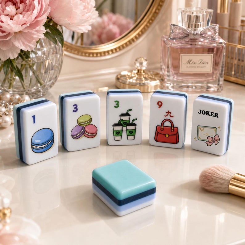 Op de afbeelding: Een set witte en blauwe Mahjong-tegels met kleurrijke illustraties van een macaron, koffiebekers, een handtas en een cadeaukaart. De tegels zijn gerangschikt op een reflecterend oppervlak, met een blauwe tegel op de voorgrond. De tegels zijn genummerd 1, 3, 9 en "JOKER".