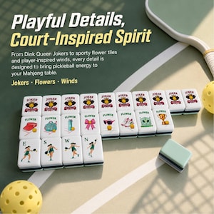 May include: A collection of white Mahjong tiles featuring various illustrations, such as flowers, sunglasses, and a trophy. The tiles are displayed on a green surface alongside a pickleball paddle and ball. The tiles have the words "Joker" and "Flower" printed on them. The text "Playful Details, Court-Inspired Spirit" is also visible.