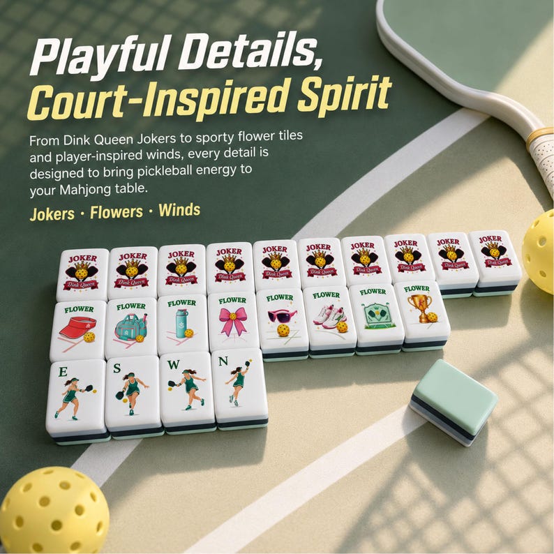 May include: A collection of white Mahjong tiles featuring various illustrations, such as flowers, sunglasses, and a trophy. The tiles are displayed on a green surface alongside a pickleball paddle and ball. The tiles have the words "Joker" and "Flower" printed on them. The text "Playful Details, Court-Inspired Spirit" is also visible.