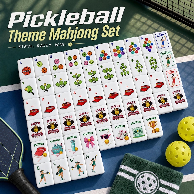 May include: A Pickleball Theme Mahjong Set with white tiles featuring pickleball-themed graphics, numbers, and suits. The set includes two yellow pickleballs, a green towel, and a pickleball paddle. The text "Pickleball Theme Mahjong Set" is displayed at the top.