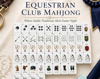 May include: A set of white rectangular mahjong tiles featuring equestrian-themed illustrations including riding helmets, crops, horseshoes, riders on jumps, saddles, and boots. The text EQUESTRIAN CLUB MAHJONG and Where Stable Traditions Meet Game Night is visible.
