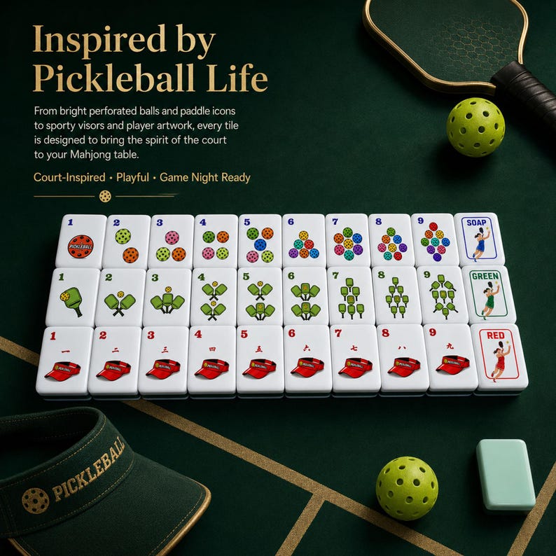 May include: A set of white Mahjong tiles featuring pickleball-themed illustrations, such as balls, visors, and player artwork. The text "Inspired by Pickleball Life" is at the top, with additional text below. A green visor and ball are also visible.