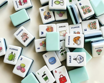 Girls Coffee & Shopping Mahjong Set, UV Print Feminine American Mahjong Tiles, Coffee Lover Game Night Set, 152 or 160 Tiles