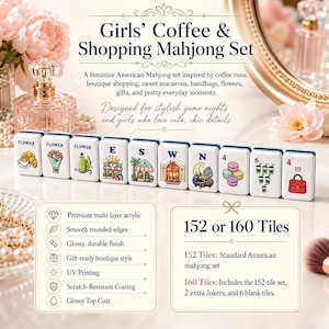 Op de afbeelding: Een Girls' Coffee & Shopping Mahjong Set met 152 of 160 tegels. De set bevat tegels met bloemen-, caf&eacute;- en winkeltematiek. De set is ontworpen voor stijlvolle spelavonden.