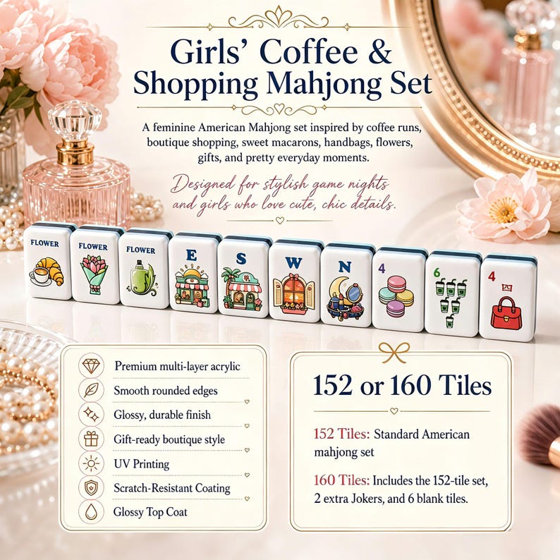 Op de afbeelding: Een Girls' Coffee & Shopping Mahjong Set met 152 of 160 tegels. De set bevat tegels met bloemen-, caf&eacute;- en winkeltematiek. De set is ontworpen voor stijlvolle spelavonden.