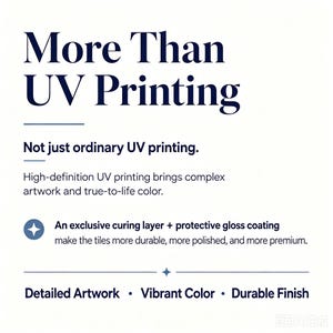 Puede incluir: Un gr&aacute;fico informativo blanco con texto azul oscuro que dice: More Than UV Printing. Not just ordinary UV printing. High-definition UV printing brings complex artwork and true-to-life color. An exclusive curing layer + protective gloss coating make the tiles more durable, more polished, and more premium. Detailed Artwork, Vibrant Color, Durable Finish.