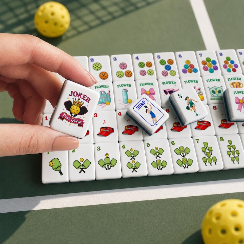 May include: A pickleball-themed game set on a green surface. The set includes white tiles with various designs and text, including "Joker Dink Queen" and "Soap". A yellow pickleball is in the background.