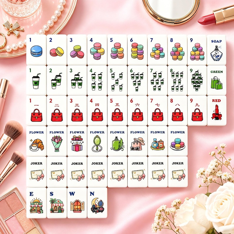 Op de afbeelding: Een set witte Mahjong-tegels met kleurrijke illustraties van macarons, koffiekopjes, handtassen en bloemen. De tegels bevatten ook cijfers, Chinese karakters en de woorden "SOAP", "GREEN" en "RED".