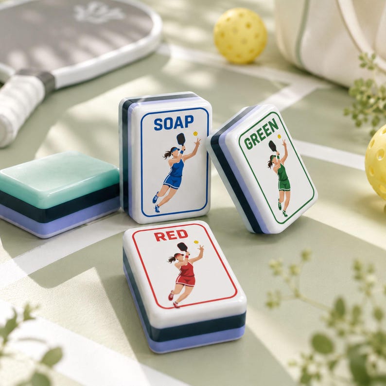 May include: Rectangular soap dishes with a white top and a blue and purple base. Each dish has a label with the word "SOAP", "GREEN", or "RED" and a graphic of a woman playing pickleball. A pickleball paddle and balls are in the background.