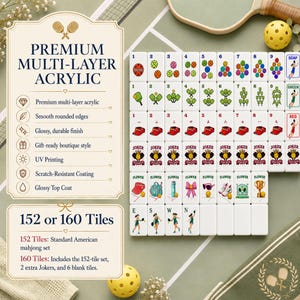 May include: A premium multi-layer acrylic mahjong set with 152 or 160 tiles. The tiles have smooth rounded edges and a glossy finish. The set includes Jokers, flowers, and numbered tiles. The image text reads "Premium Multi-Layer Acrylic".