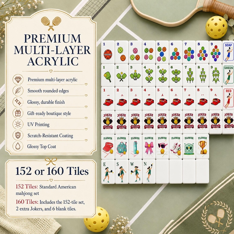 May include: A premium multi-layer acrylic mahjong set with 152 or 160 tiles. The tiles have smooth rounded edges and a glossy finish. The set includes Jokers, flowers, and numbered tiles. The image text reads "Premium Multi-Layer Acrylic".