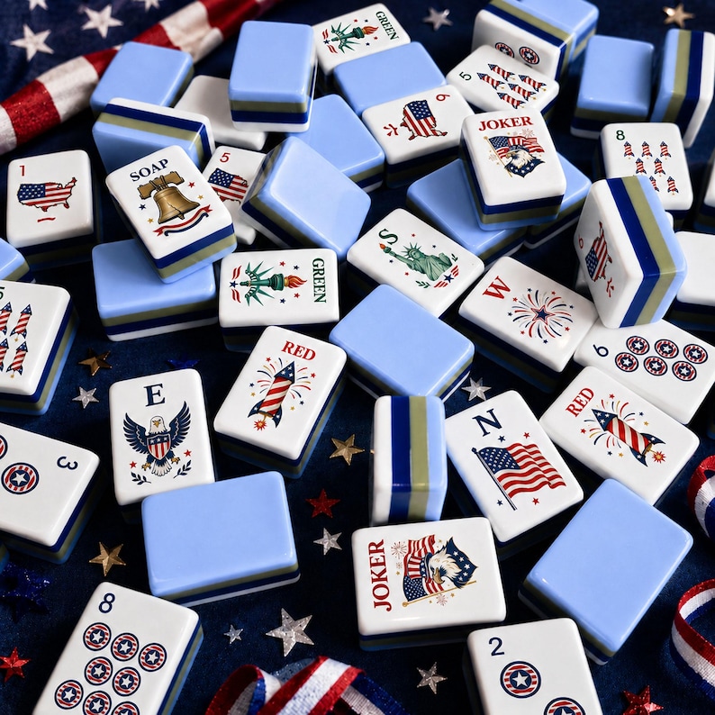 Puede incluir: Un conjunto de fichas de Mahjong azules y blancas con dise&ntilde;os patri&oacute;ticos estadounidenses, incluyendo la bandera americana, fuegos artificiales y la Estatua de la Libertad. Algunas fichas tienen las palabras "Joker", "Red" y "Green".