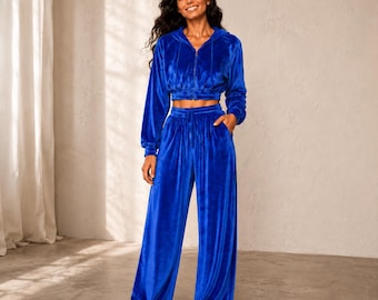 Women's Velour Matching Set, Cropped Zip Hoodie Wide Leg Pants, Y2K Two Piece Outfit, Soft Velvet Sweatsuit, Gift for Her