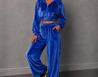 Women’s Marbled Velour Lounge Set, Cropped Hoodie and Wide Leg Pants, Soft Velvet Two Piece Outfit
