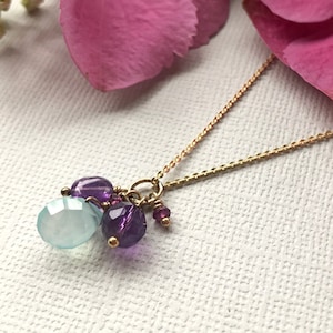 Aqua blue chalcedony with amethysts on delicate necklace, handmade gemstone necklace, gold plated 925 sterling silver GF