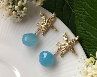 Gold starfish and blue chalcedony earrings, handmade gemstone earrings, rose gold plated 925 sterling silver GF