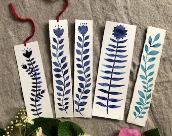 Hand painted watercolored bookmarks in blues and greens on high quality watercolor paper