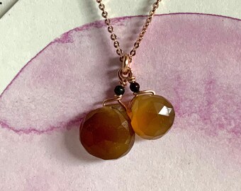 Delicate rose gold necklace with faceted natural chalcedony teardrop shaped briolette, handmade necklace gold 925 sterling silver