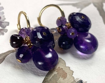 Cluster earrings in the deepest purple shades with amethysts, quartz, iolite, etc., gemstone jewelry gold plated 925 sterling silver GF