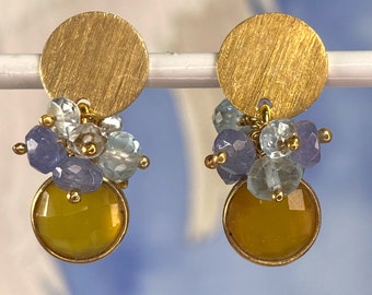 Brushed gold disks with blue clusters and chalcedony earrings, gemstone jewelry gold plated 925 sterling silver GF