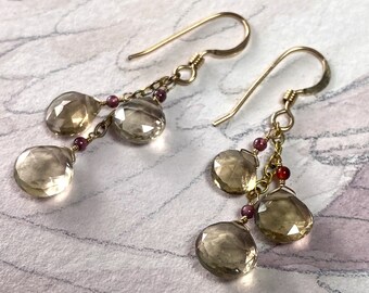 Faceted lemon quartz teardrop briolettes with little garnets and agate earrings, gemstone jewelry gold plated 925 sterling silver GF