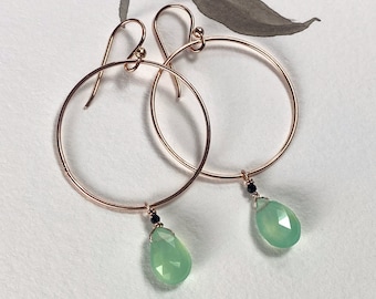 Minimal rose gold hoops with light green chrysoprase drops, handmade gemstone jewelry gold plated 925 sterling silver GF