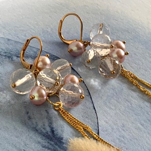 Festive waterfall earrings with crystal clusters, sweet water pearls, gold chains, handmade earrings, earrings gold 925 sterling silver