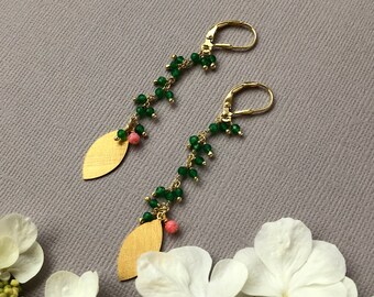 Long, delicate earrings with matte brushed leaves and green faceted agate pink coral handmade gemstone earrings, gold plated sterling silver