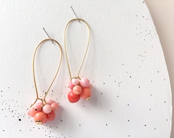 Pink bamboo coral cluster earrings on long ear hooks, handmade, natural gemstone earrings, gold plated 925 sterling silver and brass