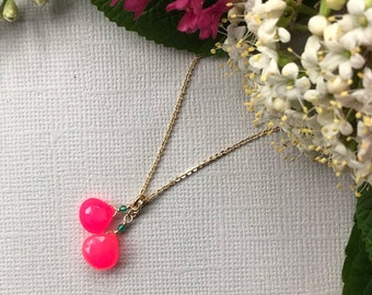 2 bright pink chalcedony briolettes on fine necklace, handmade gemstone necklace, gold plated 925 sterling silver GF