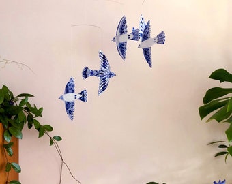 Bird Mobile Soaring Birds – watercolored paper birds on handmade mobile, blue and white birds