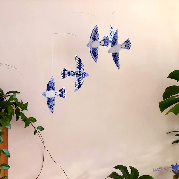 Bird Mobile Soaring Birds – watercolored paper birds on handmade mobile, blue and white birds