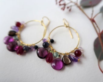 Hoop earrings with quartz, agate, mother of pearl, illite, amethyst, etc., handmade gemstone earrings, gold plated 925 sterling silver GF