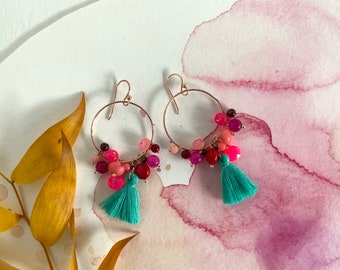 Hoop earrings with gemstone clusters and a tussle, handmade, statement earrings, pink, green, boho earrings rose gold 925 sterling silver