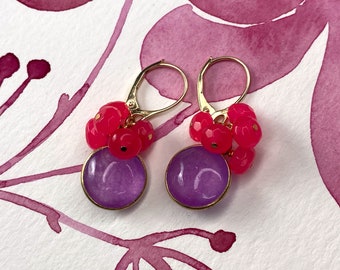 Cluster earrings with neon pink and lilac agate, gemstone jewelry gold plated 925 sterling silver GF