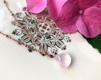 Soft rose quartz faceted  briolette on fine necklace, handmade gemstone necklace, rose gold plated 925 sterling silver GF