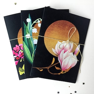 Pink geraniums, Lily of the valley and Magnolias illustrated greeting cards, set of 9 cards