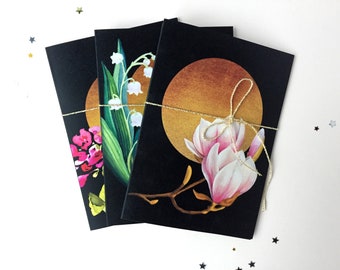 Pink geraniums, Lily of the valley and Magnolias illustrated greeting cards, set of 9 cards