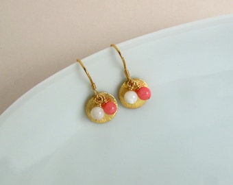 Sea shell and pink coral bead earrings, handmade, natural gemstones on brushed gold discs, gold plated 925 sterling silver