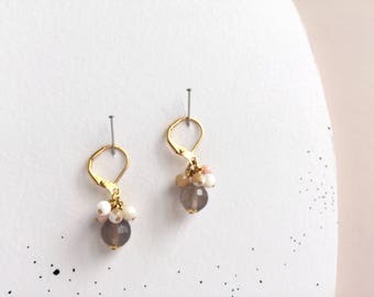 Grey chalcedony earrings with pink corals and mother of pearl clusters, gemstone handmade, gold plated 925 sterling silver and gold-fill