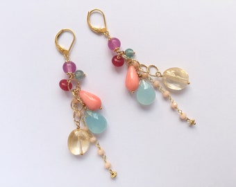 Long cascading summery cluster earrings with chalcedony, citrine, pink coral, handmade gemstone earrings, gold plated 925 sterling silver GF