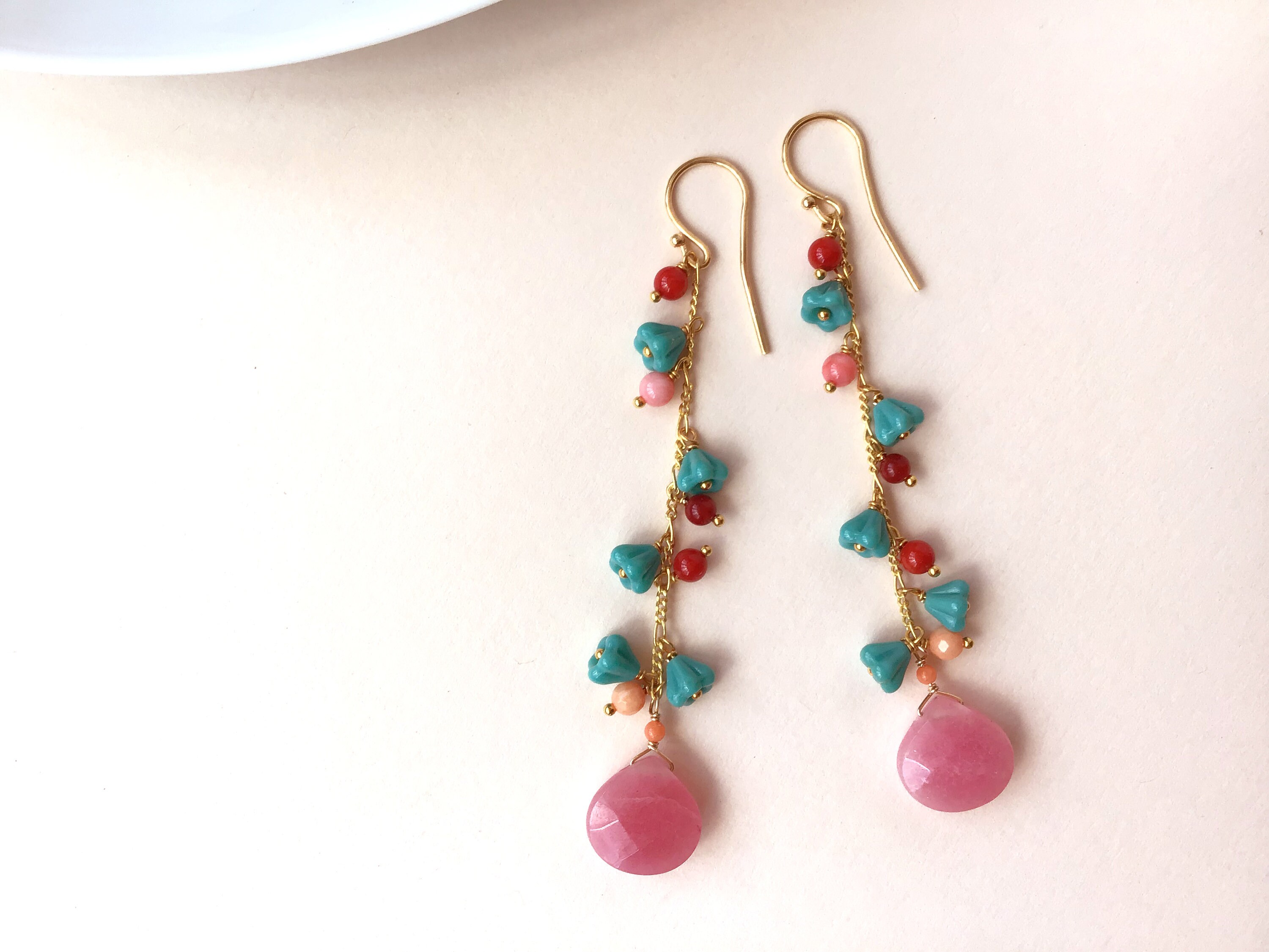 Playful Pink Jade, Corals and Czech Flower Earrings, Handmade, Natural