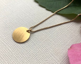 Matte brush gold disk on delicate necklace, handmade minimal necklace, gold plated 925 sterling silver GF