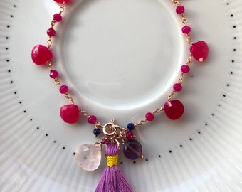 Bright pink chalcedony drops bracelet with handcrafted tassle, rose quartz, handmade gemstone bracelet, rose gold plated 925 sterling silver