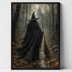 May include: A framed wall art print depicting a figure in a long black cloak and pointed hat standing in a misty autumn forest. The figure holds a wooden broomstick, facing toward a distant castle silhouette amidst dark trees and fallen orange leaves.