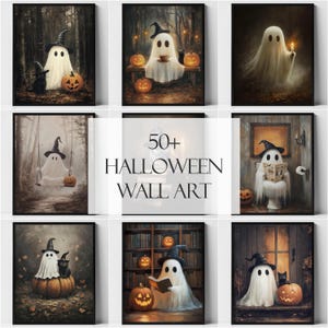 May include: A collection of framed wall art prints featuring ghosts wearing witch hats, black cats, and jack-o'-lanterns in various settings. The central text reads 50+ HALLOWEEN WALL ART. The images depict scenes in forests, libraries, and rooms with a dark, seasonal theme.